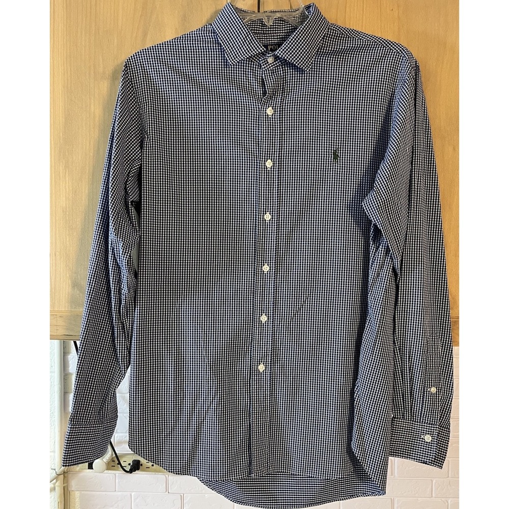 Polo Ralph Lauren Button‎ Down Men Large Navy Blue Gingham Performance Shirt